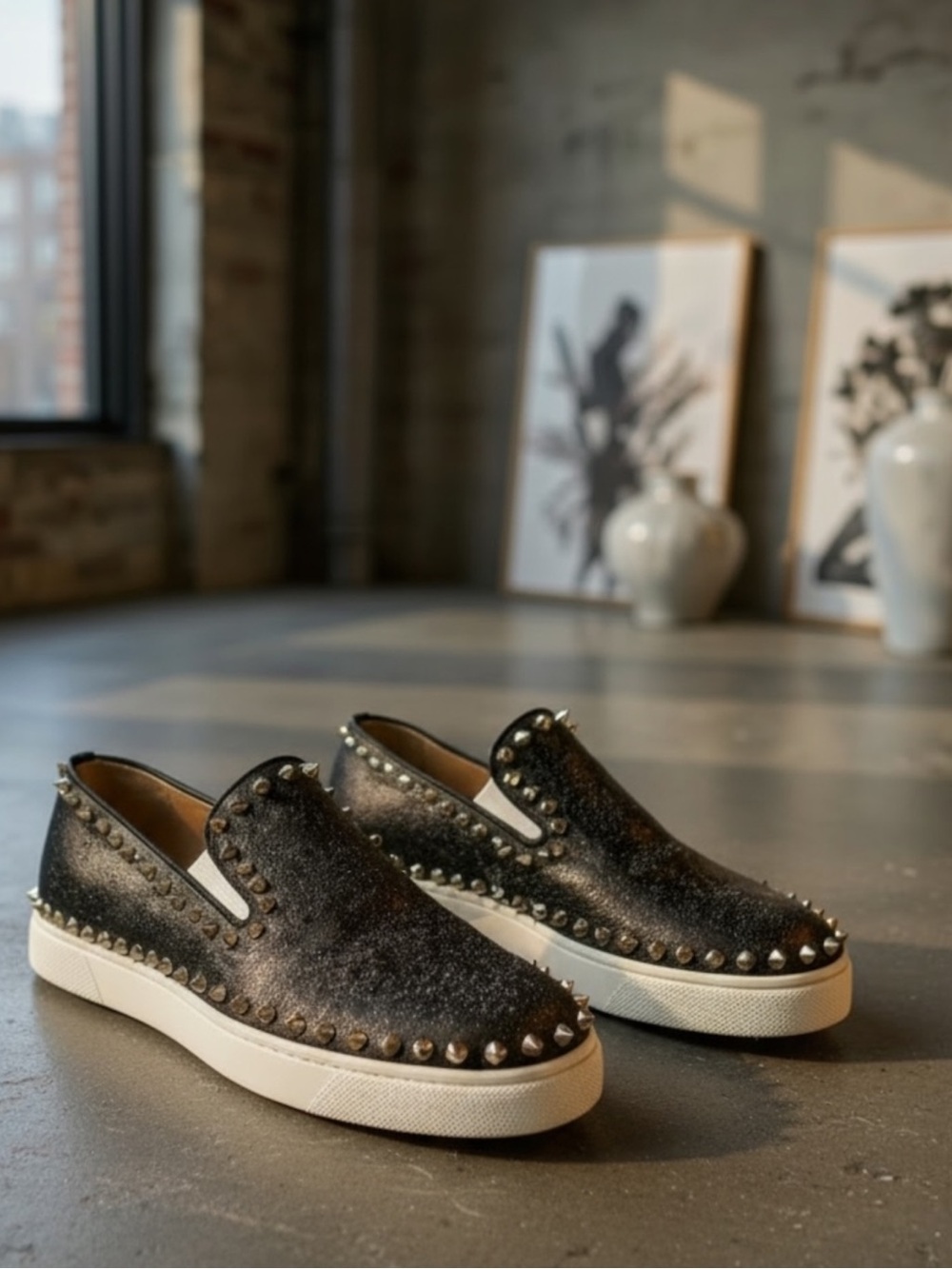 Christian Louboutin Authentic Pik Boat Spiked Black Glitter Slip On Sneakers
